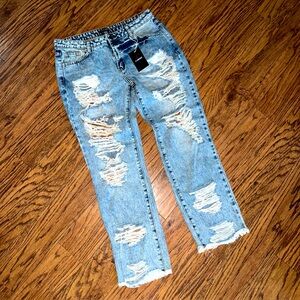 Flamingo Distressed Ripped Straight Jeans Women's Sz L NWT Acid Cropped Baggy